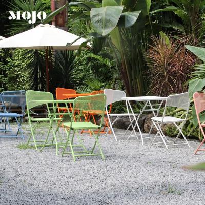 China Modern 3PC Folding Around Small Table And Chair Bistro Set Outdoor Foldable Metal Restaurant Set Bistro Dining French Chair for sale