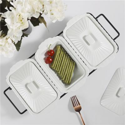 China Sustainable Design Household 3 Pcs Rectangle Shape Unique White Restaurant Snack Ceramic Bowls With Lid for sale