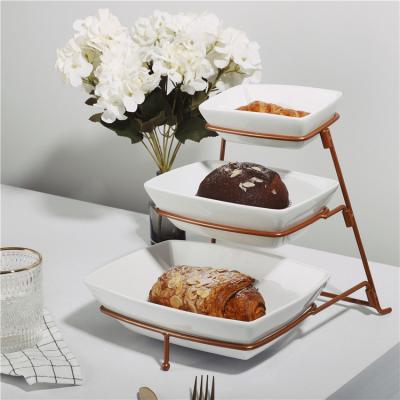 China Modern Design Sustainable High Quality Ceramic Cake Serving Dish With Iron Stand for sale