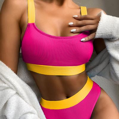 China European and American women's outer single swimsuit of the new bikini 2021 breathable new solid color strip mine swimwear ladies bikini for sale