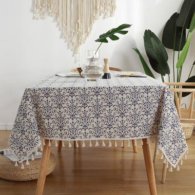 China Modern Heavy Duty Cotton Linen Tablecloth Easy Clean Table Cloth Square Table Cover With Tassel Fringe Decoration for sale