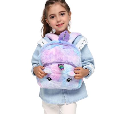 China Rainbow Tie Dye Soft Fashionable Girls Fur Girls Large Capacity School Bag Cartoon Unicorn Plush Traveling Backpack for sale