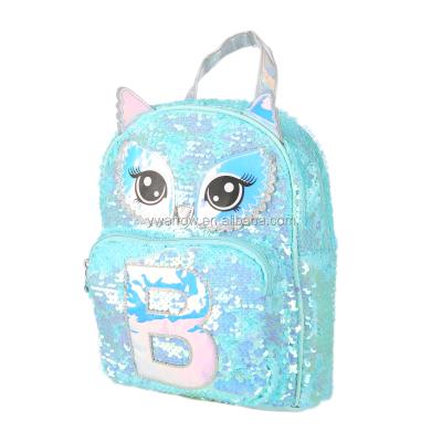 China Kawaii Anti-theft Cute Blue Girls Cartoon Owl Sequins Fashion School Sequin Backpack Animal Bag for sale