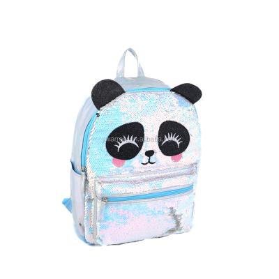 China Anti-theft Trending 2020 Custom Lightweight Women School Girls Kids Sequin Embroidery White Holographic Cartoon Panda Sequin Backpack for sale