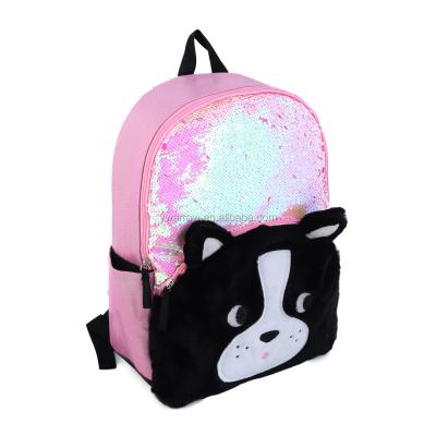 China Anti-theft Tending 2021 Black Pink Embroidery School Travel Bag Fashion Girls Sequin Faux Fur Puppy Cartoon Animal Sequin Backpacks for sale