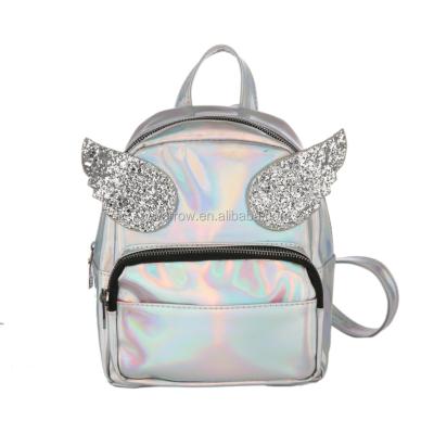 China Fashionable RFID Travel Mini Bag Hiking Backpack Angel Wing Student Holographic Laser PU Backpack Camping Soft Silver Bag for sale