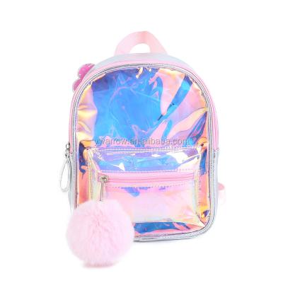 China Clear Transparent Holographic Anti-theft PVC TPU Beach Ladies Waterproof New Mini School Girls Kids PVC Backpacks With Pom Pom for sale