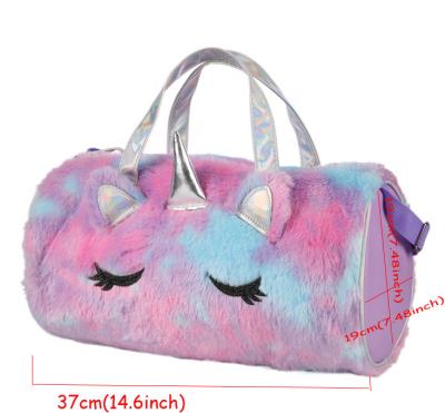 China Fashion Rainbow Faux Fur Plush Travel Bags Kids Drum Bag Girls Handbag Bag For Children for sale