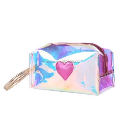 China Lady Bag Lightweight Holographic Pink Transparent Makeup Toiletry Bag Stationery Patch Heart PVC Cosmetic Bag for sale