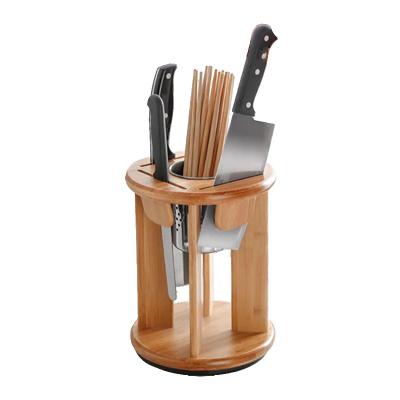 China Sustainable Wholesale Universal 360 Degree Rotation Knife Holder Bamboo Knife Blocks With Stainless Steel Basket for sale