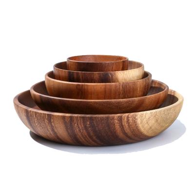 China Sustainable factory wholesale kitchen utensils fruit salad acacia wood bowl log serving bowl for sale