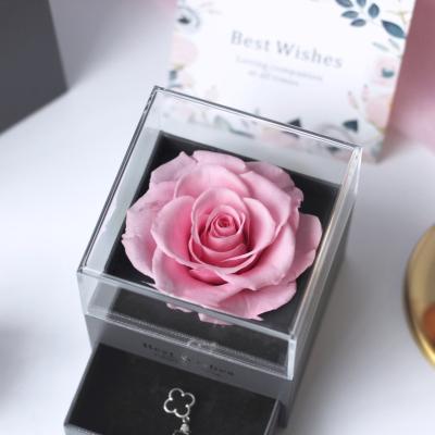 China Simple Natural Touch Rose Boxes Tiffiany Necklace Preserved Real Rose Jewelry Box For Mothers Valentine's Day Gifts for sale