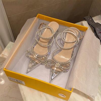 China 2022 Fashion Trend Women's High Heel Shoes Fashion Butterfly-knot Band Bling Patchwork Cross-tied Crystal Pointed Toe Pumps for sale