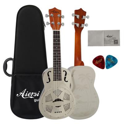 China Chrome Plated Brass Body With Hawaii Style Wholesale Price Aiersi Brand Metal Shaft Sandblasted Body 24 Inch Concert Ukelele Resonator Ukuleles For Sale for sale