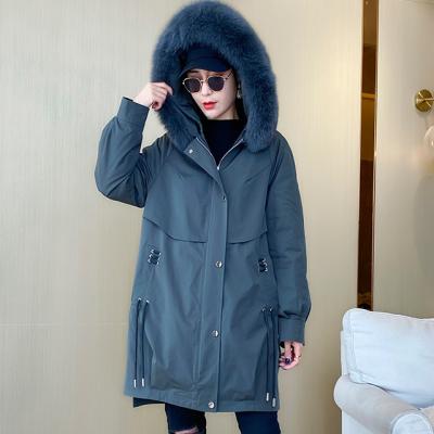 China New Long Sustainable Fox Fur Collar Silk Coating Parka With Ladies Jacket for sale