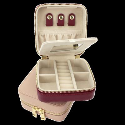 China Fashoion Customized Leather Earrings Ring Storage Box Jewelry Logo Square Double Zipper Portable Case for sale