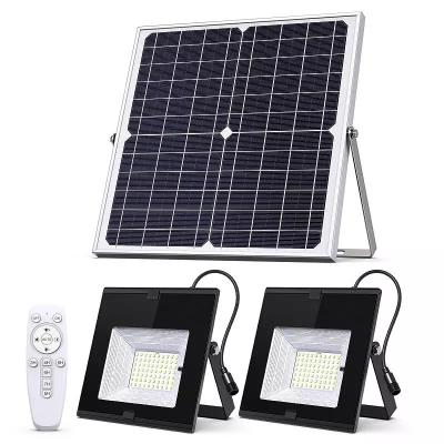 China Solar Flood Lights Outdoor Indoor Dusk to Dawn with Smart Remote Control 22W Solar Panel Dual Head 70LED IP65 Waterproof for sale