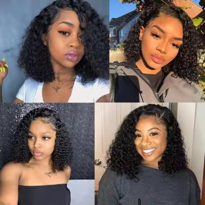 China Natural Black Short Cut Bob Kinky Curly 13X4 Deep Lace Front Wig Preplucked Glueless for sale