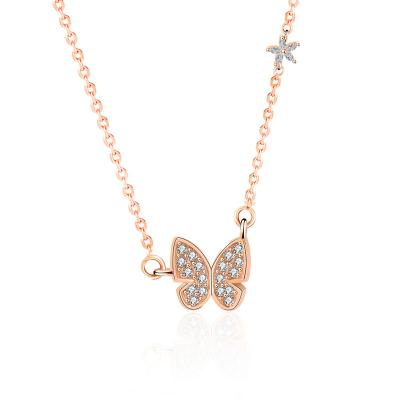 China Best Selling S925 Sterling Silver Rose Gold Plated Fashion Cute Butterfly Gemstone Zircon Pendant Necklace For Girls Party Gift for sale