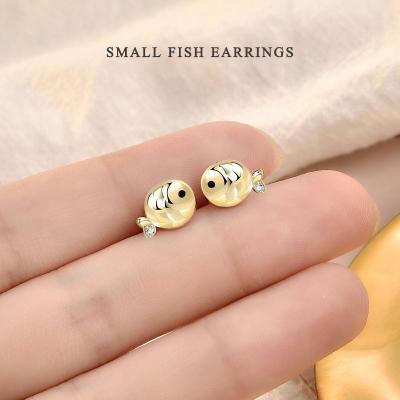 China Factory Wholesale Cute S925 Sterling Silver 14K Gold Plated Lovely Small Dangling Gemstone Fish Stud Earrings For Girls Party Gift for sale