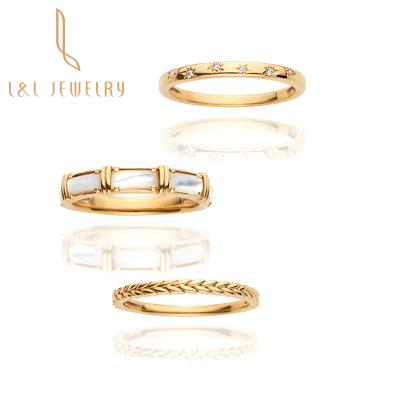 China High Quality Triple Mother Of Pearl S925 Silver Pearl Stackable Ring 3 Pieces CZ Silver With Gold Plating for sale