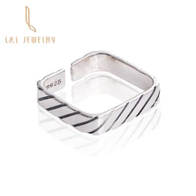 China Handmade Solid Sterling Silver Unisex Ring High Quality Jewelry Minimalist s925 Stripe Texture Adjustable Wear Square Ring For Unisex for sale