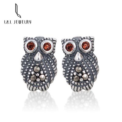 China Wholesale Cute Silver Handmade Marcasite Stud Earrings 925 High Quality Fashion Owl Red Corundum Red Corundum Setting Earrings for sale