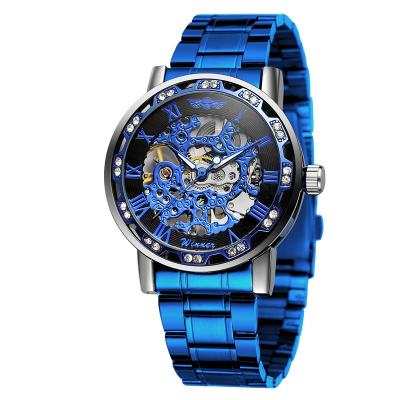 China Top Brand WINNER 8012SS Luxury Semi-automatic Mechanical Watch Fashion Stainless Steel Strap Skeleton Operated Hand Crank Men's Watch for sale