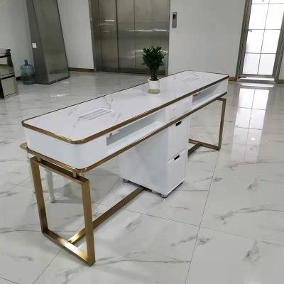 China New modern manicure table double seaters iron frame manicure table with marble countertop for sale