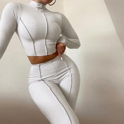 China New Autumn Fitness Gym Long Sleeve Fashionable QUICK DRY Stripe Two Piece Crop Top High Waist Pants Skinny Sets For Women for sale