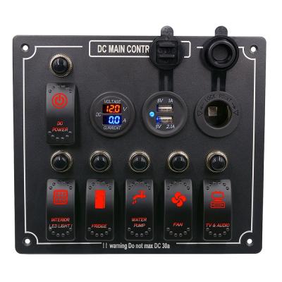 China Boat 12v Rocker Marine Switch Panel With Double USB Ports Heat Resistant Voltmeter 5 Pin Lighter On/Off USB ChargerCigarette 6 Pin Plug And Voltmeter Rocker Switch On/Off for sale