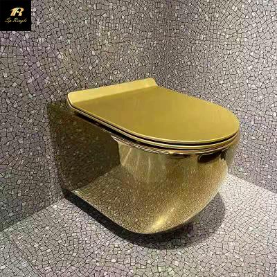 China Luxury Hidden Cistern European Style Pure Color Not Easy To Scratch Sanitary Ware Gold Color Wall Hung Ceramic Toilet Bowl for sale