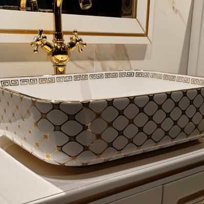 China Modern Luxury Countertop Basin Basin Sink Bathroom European Style Plating White Gold Square Art Countertop Basin for sale