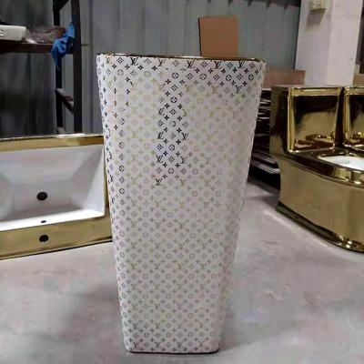 China Modern Luxury European Porcelain Pedestal Single Sink Square Art Bathroom Freestanding Freestanding Wash Basin for sale