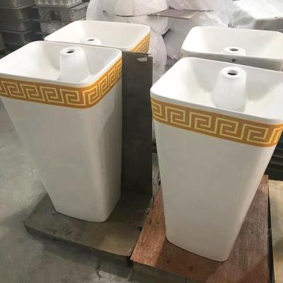 China White Gold Modern European Ceramic Sink Antique Style Shape Bathroom Basin High End Square Pedestal Wash Basin for sale