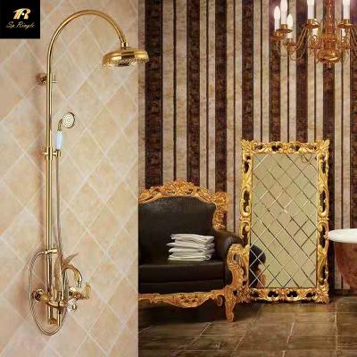 China With Springlegroup Waterfall Hot Cold Water Antique Bathroom Mixer Slide Bar All Copper Chuveiro Shower Faucet Rain Shower Set for sale