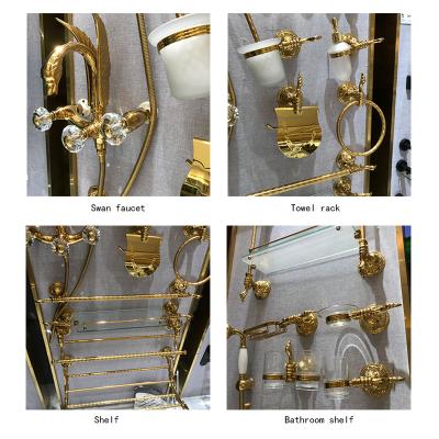 China With Sliding Bar Luxury Swan Custom Bathroom Accessories Set 6 Pieces With Toilet Brush And Brass Rack Shelf Holder Gold Shower Mixer for sale