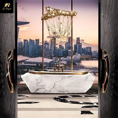 China Springlegroup freestanding luxury bathroom custom design acrylic white marble pattern whirlpool badewanne large free standing bathtub for sale