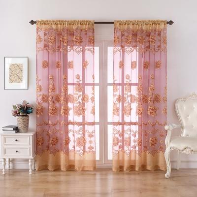 China Window Decoration Textile Polyester Sheer Curtains Fabric For Home Burnout Peony Red Flower Tulle For Living Room Ready Made for sale