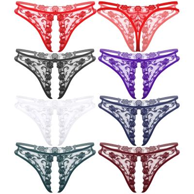 China Type Shaper Luxury Women Flower Embroidery Crotchless Panties Lace Up Transparent Lingerie T-back Underwear Briefs for sale