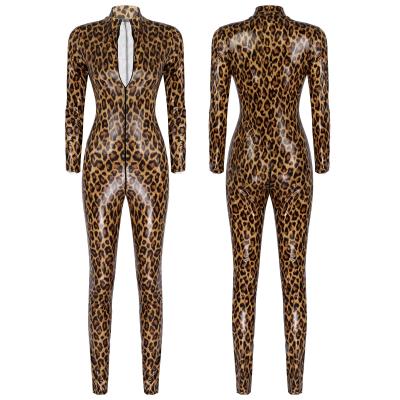 China Luxury Patent Print Womens Patent Leather Jumpsuit Leopard Print Slim Fit Long Sleeve Zipper Overalls for sale