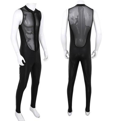 China Hot Men's Patent Leather + Mesh Sheer Splice Sleeveless Tank Top Bodysuit Mesh + Spandex Full Shiny Leather Zipper Leotard for sale