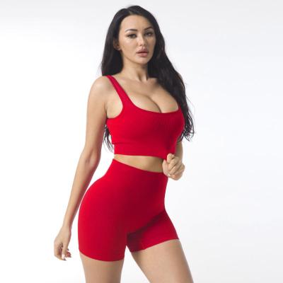 China Wholesale Breathable Gym Fitness Sets Women Seamless 2 Piece Summer Yoga Sports Bra And Sweat Shorts Set for sale