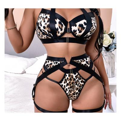 China Custom Made Wholesale Sexy Blackberry Print Sexy Lingerie Three-Piece Women's Underwear Costume Women's Leopard Print Sexy Lingerie for sale