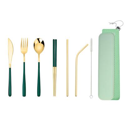 China Viable Reusable 7pieces Spoon Mirror Polish Travel Camping Cutlery Set and Fork Straws Stainless Steel Portable Cutlery Set for sale