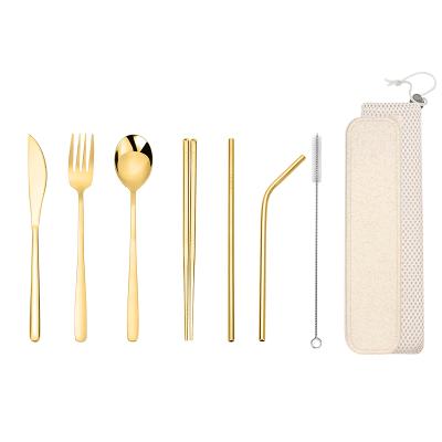 China Travel Sustainable 7pcs Hot Selling Spoon and Fork Straws Stainless Steel Camping Reusable Portable Cutlery Set for sale