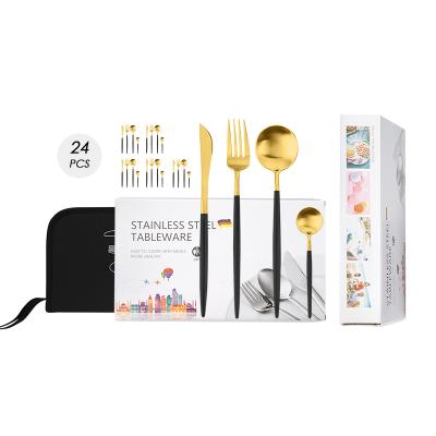 China Viable Cutlery Set 304 Stainless Steel 24 Pieces High Quality Fork Knife Spoon White Gold Handles With Black Bag Portable Flatware Set for sale