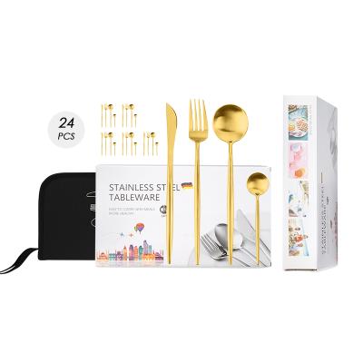 China Durable 24 Piece Cutlery Set 18/10 Stainless Steel With Black Bag Rose Gold Spoon Fork Knife Set for sale