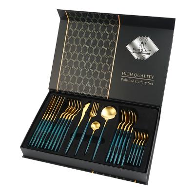 China Viable Luxury Cutlery Set 24pcs Knife Spoon Fork Set Gold Flatware Stainless Steel Flatware Sets With Box for sale