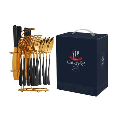 China New Amazon Sustainable Cutlery Set 24pcs With Holder Luxury Gift Gold Plated Stainless Steel Spoon Set for sale